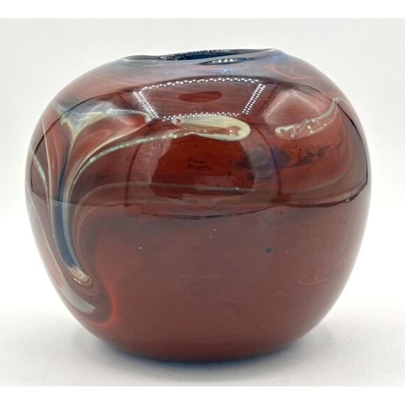 JP Goodman Mouth Blown Art Glass Vase Earth Tone Swirl Blue Interior Signed 1977 - Picture 7 of 16